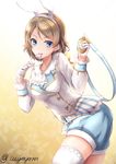 alice_in_wonderland alternate_costume animal_ears blue_eyes breasts bunny_ears cosplay gloves grey_hair kouno_(uiyoyo199) long_sleeves looking_at_viewer love_live! love_live!_sunshine!! medium_breasts mouth_hold pocket_watch short_hair signature solo twitter_username watanabe_you watch white_gloves white_legwear white_rabbit white_rabbit_(cosplay) 