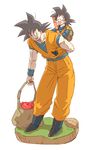  apple backpack bag black_eyes black_hair boots carrying dougi dragon_ball dragon_ball_z father_and_son faux_figurine food fruit grass happy looking_at_another looking_away looking_back male_focus miiko_(drops7) multiple_boys nyoibo open_mouth piggyback shaded_face short_hair simple_background smile son_gokuu son_goten spiked_hair white_background wristband 