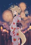  animal_ears bag bangs batta_(kanzume_quality) blonde_hair blue_eyes blue_sash blunt_bangs blurry blurry_background closed_mouth commentary_request depth_of_field fireworks floral_print fox_ears fox_girl fox_tail fox_wife_(batta_(kanzume_quality)) from_behind hair_ornament handbag holding japanese_clothes kimono lavender_kimono long_sleeves looking_at_viewer looking_back nib_pen_(medium) obi original sash smile solo standing tail tied_hair traditional_media wide_sleeves 
