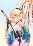  ahoge bangs black_bow blonde_hair blurry bow breasts cherry_blossoms closed_mouth commentary_request depth_of_field eyebrows_visible_through_hair fate_(series) from_side hair_bow half_updo hand_on_sheath haori holding holding_sword holding_weapon instocklee japanese_clothes katana kimono koha-ace looking_at_viewer medium_breasts obi okita_souji_(fate) okita_souji_(fate)_(all) outdoors petals sash sheath sleeveless sleeveless_kimono smile solo sword tsurime unsheathing upper_body weapon white_kimono yellow_eyes 