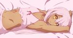  :&gt; arm_behind_head arm_up armpits breasts camisole chloe_von_einzbern cowboy_shot dark_skin eyebrows_visible_through_hair fate/kaleid_liner_prisma_illya fate_(series) groin hand_on_own_stomach looking_at_viewer lowleg lowleg_pants lying midriff navel on_back pants pink_hair small_breasts solo sonri stomach_tattoo tattoo underwear underwear_only yellow_eyes 