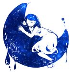  animal_ears bare_arms blue closed_mouth commentary_request crescent_moon dress long_hair lying mochi_(fayo) monochrome moon on_stomach original simple_background sleeping solo starry_sky_print white_background 
