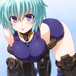  bent_over black_gloves black_legwear blue_hair breasts covered_navel dd_(ijigendd) elbow_gloves eyebrows_visible_through_hair frame_arms_girl gloves hresvelgr large_breasts leaning_forward looking_at_viewer mecha_musume one-piece_swimsuit open_mouth purple_eyes school_swimsuit short_hair solo swimsuit thighhighs 