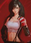  black_hair breasts cleavage earrings elbow_gloves elbow_pads final_fantasy final_fantasy_vii gloves highres jewelry large_breasts long_hair low-tied_long_hair midriff raikoart red_eyes shirt simple_background skirt solo standing suspender_skirt suspenders tank_top taut_clothes taut_shirt tifa_lockhart 