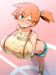  1girl ;) alternate_breast_size ass bare_shoulders blue_eyes blush breast_hold breasts butt_crack crop_top erect_nipples full_body furau-ru highres huge_breasts kasumi_(pokemon) leaning_forward looking_at_viewer midriff one_eye_closed orange_hair pokemon pokemon_(anime) short_ponytail shorts smile solo suspenders 