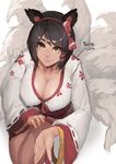  ahri alternate_costume animal_ears black_hair breasts brown_eyes cleavage eyebrows fox_ears fox_tail highres large_breasts league_of_legends lips looking_at_viewer multiple_tails nose pandea_work short_hair smile solo tail thighs 