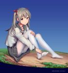  hair_ribbon highres legs original pantyhose ribbon school_uniform silver_hair sitting solo thighband_pantyhose tokinohimitsu white_legwear 