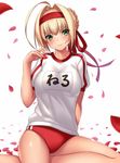  ahoge blonde_hair buruma closed_mouth fate/grand_order fate_(series) green_eyes gym_uniform headband highres looking_at_viewer name_tag nero_claudius_(fate) nero_claudius_(fate)_(all) olympian_bloomers petals red_buruma red_headband short_hair short_sleeves simple_background sitting smile solo takanashi-a white_background 