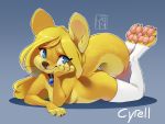  anthro bell blonde_hair blue_eyes canid canine canis collar cyrell domestic_dog female fur grey_background hair mammal nude pawpads reign-2004 simple_background slit_pupils solo toeless_stockings whiskers yellow_fur 