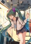  bus_interior green_eyes green_hair hatsune_miku highres light_rays long_hair looking_at_viewer mou_zhi_pingguo open_mouth skirt solo sunbeam sunlight twintails very_long_hair vocaloid 
