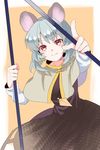  akidzuki_haruhi animal_ears black_dress blush capelet commentary cowboy_shot dowsing_rod dress grey_hair jewelry long_sleeves looking_at_viewer mouse_ears mouse_tail nazrin pendant red_eyes smile solo tail touhou 