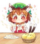  1girl :3 animal_ears brown_hair cat_ears chen chibi commentary_request eating food fruit fruit_basket hat highres ibaraki_natou jewelry pear ring solo touhou 