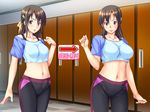  1girl animated bike_shorts blush breasts brown_eyes brown_hair fit_shichao!_~toshiue_josei_to_asedaku_lesson_hatsutaiken~ game_cg gym_clothes harutachi_miyu highres large_breasts locker_room long_hair looking_at_viewer medium_breasts midriff navel nipples no_pussy nude open_mouth photoshop pubic_hair shaved shimagon size_difference solo standing topless wendybell 