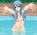  1girl absurdres black_eyes blue_hair blush breasts convenient_censoring day fairy_tail hair_censor hips huge_filesize juvia_lockser juvia_loxar large_breasts long_hair looking_at_viewer navel nude parted_lips planeptune pussy shiny shiny_skin smile solo standing uncensored wading water 