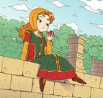  bad_id bad_pixiv_id blue_eyes breasts curly_hair dragon_quest dragon_quest_vii dress full_body hashi hat hood long_hair maribel_(dq7) red_hair small_breasts solo 