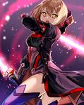  artoria_pendragon_(all) blonde_hair dual_wielding fate/grand_order fate_(series) hair_between_eyes highres holding holding_sword holding_weapon hood kyota07 looking_at_viewer mysterious_heroine_x_(alter) open_mouth orange_eyes purple_legwear short_hair solo sword thighhighs weapon 