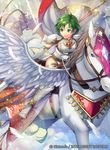  1girl armor boots breastplate cape cloud commentary company_name copyright_name day dragon elbow_gloves feathers fire_emblem fire_emblem:_thracia_776 fire_emblem_cipher gloves green_eyes green_hair helmet holding holding_weapon horseback_riding karin_(fire_emblem) lips looking_at_viewer matsurika_youko official_art outdoors pegasus pegasus_knight polearm reins riding saddle shiny short_hair shoulder_pads sky smile solo_focus sparkle spear thigh_boots thighhighs weapon white_footwear white_gloves wings wyvern 