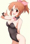  :d abe_nana arched_back arm_behind_back arm_up bare_shoulders blush bow bowtie breasts cleavage cowboy_shot detached_collar embarrassed hair_bow hatakenaka_(kamagabuchi) highleg highleg_leotard highres idolmaster idolmaster_cinderella_girls large_breasts leotard open_mouth orange_hair playboy_bunny_leotard polka_dot polka_dot_background ponytail red_eyes simple_background smile solo sweatdrop wavy_mouth wrist_cuffs 