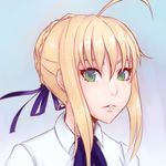  ahoge artoria_pendragon_(all) bangs blonde_hair blue_background blue_ribbon blush braid face fate/stay_night fate_(series) green_eyes hair_between_eyes hair_bun highres looking_at_viewer neck_ribbon parted_lips portrait ribbon saber shirt sidelocks simple_background solo unsomnus white_shirt 