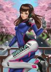  acronym against_railing animal_print bangs blue_bodysuit blue_sky blurry blurry_background bodysuit breasts brown_eyes brown_hair bunny_print cherry_blossoms clothes_writing covered_navel d.va_(overwatch) day depth_of_field facepaint facial_mark from_side gloves headphones high_collar highres jumping light_smile long_hair looking_at_viewer looking_to_the_side outdoors overwatch perspective petals pilot_suit pink_lips railing ribbed_bodysuit shoulder_pads signature skin_tight sky small_breasts solo suikunart swept_bangs tree v whisker_markings white_gloves 