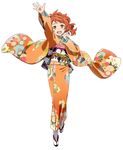  arm_up ellis_(sao) floral_print full_body furisode japanese_clothes kimono long_hair long_sleeves looking_at_viewer non-web_source obi obiage obijime official_art open_mouth orange_hair orange_kimono sandals sash simple_background solo sword_art_online tabi waving white_background wide_sleeves yellow_eyes 