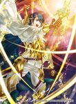  alfonse_(fire_emblem) bangs belt blonde_hair blue_eyes blue_hair boots cape commentary company_connection copyright_name fire_emblem fire_emblem_cipher fire_emblem_heroes gloves hair_ornament holding holding_sword holding_weapon kita_senri knee_boots long_sleeves male_focus multicolored_hair official_art open_mouth pants shield shiny solo sword weapon 