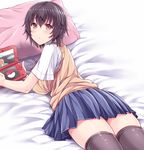  :o bangs black_hair black_legwear blue_skirt blush breasts brown_eyes commentary_request handheld_game_console hasu_(hk_works) large_breasts looking_at_viewer lying nintendo_3ds on_bed on_stomach original parted_lips pillow school_uniform short_hair short_sleeves skirt solo sweater_vest thighhighs 