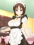  apron bangs black_dress black_ribbon blurry blurry_background breasts cleavage cleavage_cutout closed_mouth commentary_request cup depth_of_field dress foreshortening hagino_chiaki highres hinako_note holding indoors kakari large_breasts looking_at_viewer maid maid_apron maid_headdress medium_dress neck_ribbon puffy_short_sleeves puffy_sleeves purple_eyes ribbon saucer short_hair short_hair_with_long_locks short_sleeves sidelocks smile solo standing teacup tray waitress wrist_cuffs 