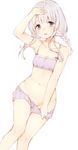  armpits arms_up bandeau bangs bare_arms bare_shoulders blunt_bangs blush bow bow_bra bra braid cinderella_bust collarbone commentary cowboy_shot fur_trim groin hand_on_own_head head_tilt long_hair manatsuki_manata original panties panty_pull parted_lips pink_bow pulled_by_self purple_bra purple_eyes purple_panties shiny shiny_hair sidelocks silver_hair simple_background solo standing tareme thigh_gap twin_braids underwear underwear_only white_background 