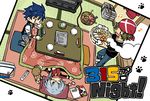  :d blue_hair bowl cat chopsticks enjouji_michiru from_above green_hair hotpot idolmaster idolmaster_side-m kizaki_ren knitting_needle kotatsu male_focus manga_(object) multiple_boys needle open_mouth pan_chira ponytail rice silver_hair sleeping smile steam table taiga_takeru tatami the_kogado yarn yarn_ball 