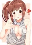  blush breasts brown_eyes brown_hair cleavage_cutout h3po4_chiba heart idolmaster idolmaster_cinderella_girls igarashi_kyouko long_hair medium_breasts meme_attire open-chest_sweater open_mouth ribbed_sweater side_ponytail smile solo sweater turtleneck 