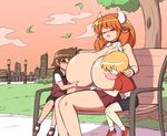  2boys animal_ears artist_request blonde_hair blush breast_feeding breasts brown_hair city closed_eyes cow_girl gigantic_breasts horns jewelry leaf multiple_boys necklace open_clothes open_mouth orange_hair shorts skirt tree 