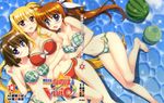  3girls barefoot bikini blonde_hair blue_eyes blush breasts brown_hair cleavage cover fate_testarossa feet food fujima_takuya hair_ornament hairclip happy large_breasts long_hair looking_at_viewer lying lyrical_nanoha mahou_shoujo_lyrical_nanoha mahou_shoujo_lyrical_nanoha_vivid multiple_girls official official_art purple_eyes red_eyes ribbon smile takamachi_nanoha toes water watermelon yagami_hayate yuri 