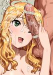  1girl ;d ahoge blonde_hair blush breasts censored cum cum_in_mouth cum_on_hair facial fingernails green_eyes green_nails hoshii_miki idolmaster idolmaster_(classic) long_hair medium_breasts nail_polish nude one_eye_closed open_mouth penis pettan_p simple_background smile solo_focus testicles upper_body 