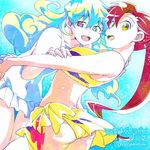  2girls bikini frilled_swimsuit frills long_hair looking_at_viewer multicolored_hair multiple_girls nia_teppelin nonosaki one-piece_swimsuit ponytail red_hair smile submerged swimming swimsuit tengen_toppa_gurren_lagann two-tone_hair yellow_eyes yoko_littner 