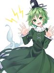  :d akidzuki_haruhi bangs blush commentary dress electricity ghost_tail green_dress green_eyes green_hair hat japanese_clothes long_sleeves looking_at_viewer open_mouth short_hair simple_background smile soga_no_tojiko solo tate_eboshi touhou white_background 