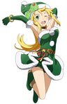 armpits arms_up belt blonde_hair blush boots breasts choker christmas cleavage elbow_gloves full_body fur_trim gloves green_eyes green_gloves green_hat green_neckwear green_santa_costume hat heart heart_choker large_breasts leafa long_hair looking_at_viewer loose_belt non-web_source official_art one_eye_closed open_mouth pointy_ears santa_costume santa_hat sidelocks simple_background skirt solo sword_art_online white_background 