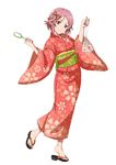  fish full_body hair_ornament heel_raised holding japanese_clothes kimono lisbeth lisbeth_(sao-alo) looking_at_viewer non-web_source obi official_art pink_hair pointy_ears red_eyes red_kimono sash short_hair simple_background smile solo sword_art_online sword_art_online:_code_register white_background yukata 