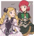  ;) ;d armor blonde_hair blush cosplay dress elbow_gloves elise_(fire_emblem_if) elise_(fire_emblem_if)_(cosplay) fire_emblem fire_emblem:_rekka_no_ken fire_emblem_heroes fire_emblem_if gloves green_eyes hair_ribbon hairband long_hair multiple_girls noshima one_eye_closed open_mouth priscilla_(fire_emblem) purple_eyes red_hair ribbon short_hair smile twintails 