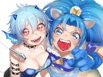  :d animal_ears asymmetrical_docking bad_id bad_pixiv_id bangs big_hair black_choker blue_dress blue_eyes blue_gloves blush breast_press breasts buttons cable choker cowboy_shot crossover crown cure_gelato double-breasted dress eyebrows_visible_through_hair eyelashes fangs fur_trim glint gloves hair_between_eyes head_fins horns kirakira_precure_a_la_mode leaning_forward lion_ears long_hair looking_at_viewer magical_girl medium_breasts mermaid_melody_pichi_pichi_pitch microphone mimi_(mermaid_melody_pichi_pichi_pitch) mini_crown multiple_girls ohisashiburi open_mouth parted_bangs precure red_eyes saliva sharp_teeth shiny shiny_hair short_hair short_sleeves sideboob silver_hair simple_background slit_pupils smile spiked_armlet spiked_choker spikes strapless tategami_aoi teeth tongue tubetop v-shaped_eyebrows white_background 