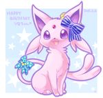  beads dated espeon forehead_jewel full_body gen_2_pokemon happy_birthday ibui_matsumoto looking_at_viewer lowres no_humans open_mouth pokemon pokemon_(creature) purple_eyes ribbon smile solo tail tail_ribbon 