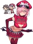  1boy 1girl alluring_chief_warden_look banned_artist black-framed_eyewear blush breasts chaldea_uniform chibi cleavage_cutout commentary_request cosplay crop_top elbow_gloves fate/grand_order fate_(series) frills fujimaru_ritsuka_(male) full-face_blush glasses gloves hair_over_one_eye hat highres hips holding_whip lavender_hair leaning_forward looking_to_the_side mash_kyrielight medb_(fate)_(all) medb_(fate/grand_order) medb_(fate/grand_order)_(cosplay) medium_breasts navel peaked_cap pleated_skirt purple_eyes red_gloves red_legwear red_skirt riding_crop short_hair simple_background skirt tearing_up tetsubuta thighs whip white_background 