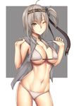  arciealbano bikini breasts clothes_writing grey_vest hachimaki hair_between_eyes headband highres kantai_collection large_breasts navel one_eye_closed one_side_up open_clothes open_vest silver_hair smile solo suzutsuki_(kantai_collection) swimsuit vest white_bikini yellow_eyes 