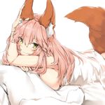  animal_ear_fluff animal_ears arm_up ass bangs bed_sheet blush breast_press breasts closed_mouth eyebrows_visible_through_hair fang_out fangs fate/extra fate_(series) fox_ears fox_tail hair_between_eyes highres large_breasts long_hair looking_at_viewer lying nude on_bed on_stomach pillow pink_hair sideboob silver_(chenwen) simple_background solo tail tamamo_(fate)_(all) tamamo_no_mae_(fate) tsurime under_covers white_background white_pillow yellow_eyes 