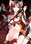  :d ara_han ara_han_(celestial_fox) asura_(elsword) black_hair bow breasts cleavage elsword hair_bow hamericano heterochromia highres holding holding_weapon long_hair looking_at_viewer medium_breasts open_mouth red_eyes red_ribbon ribbon smile solo very_long_hair weapon white_bow yellow_eyes 