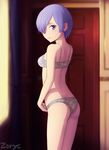  artist_name ass blurry blurry_background bra breasts closed_mouth commentary cowboy_shot depth_of_field flat_ass from_behind frown hair_over_one_eye highres indoors looking_at_viewer looking_back panties purple_eyes purple_hair re:zero_kara_hajimeru_isekai_seikatsu rem_(re:zero) short_hair small_breasts solo standing underwear underwear_only white_bra white_panties zoryc 