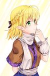  akidzuki_haruhi arm_warmers blonde_hair blush bow braid brown_shirt closed_mouth commentary_request french_braid from_side green_eyes hair_bow japanese_clothes mizuhashi_parsee pointy_ears sash scarf shirt short_hair short_sleeves smile solo touhou upper_body white_scarf 