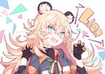  :d animal_ears artist_name bad_id bad_pixiv_id bangs black_gloves blonde_hair bodysuit commentary eyebrows_visible_through_hair girls_frontline gloves green_eyes hair_between_eyes hands_up highres jacket lion_ears litsvn long_hair looking_at_viewer messy_hair open_mouth s.a.t.8_(girls_frontline) signature simple_background smile solo tsurime upper_body wavy_mouth white_background 