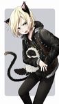  animal_ears blonde_hair cat cat_ears cat_tail extra_ears fang green_eyes highres hood hoodie jacket looking_at_viewer male_focus open_mouth puma_tiger_scorpion tail vsi0v yuri!!!_on_ice yuri_plisetsky 