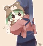  2girls animal_costume bear_costume blue_hair blue_hakama blush brown_sweater carrying chibi commentary_request cowboy_shot eyebrows_visible_through_hair green_hair hair_between_eyes hakama hip_vent hood hooded_sweater houshou_(kantai_collection) ina_(1813576) japanese_clothes kantai_collection kimono long_hair motion_lines multiple_girls pink_kimono ponytail signature simple_background sweater tasuki twintails zuikaku_(kantai_collection) 